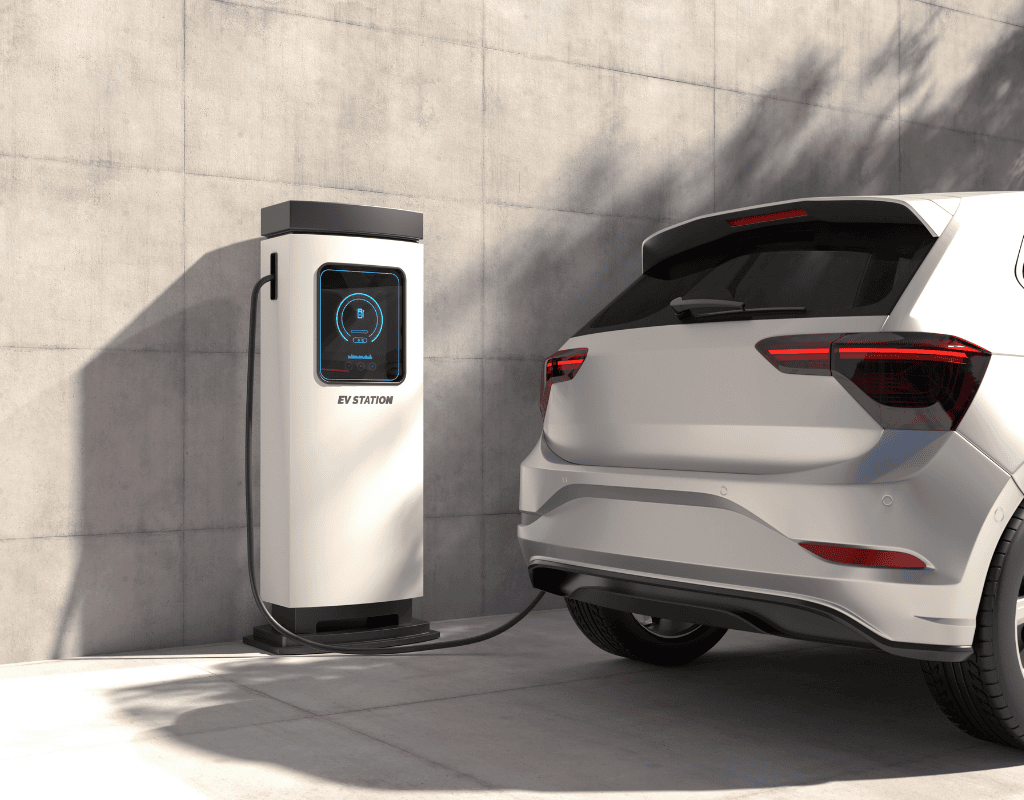 Electric vehicle connected to home EV charging station installed by professional electrician in North Shore MA